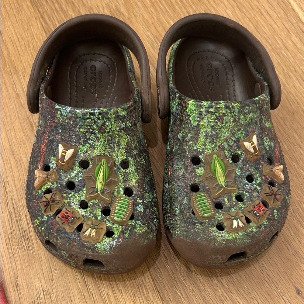 CROCS Kids Clogs - Green and Brown with Bug Design